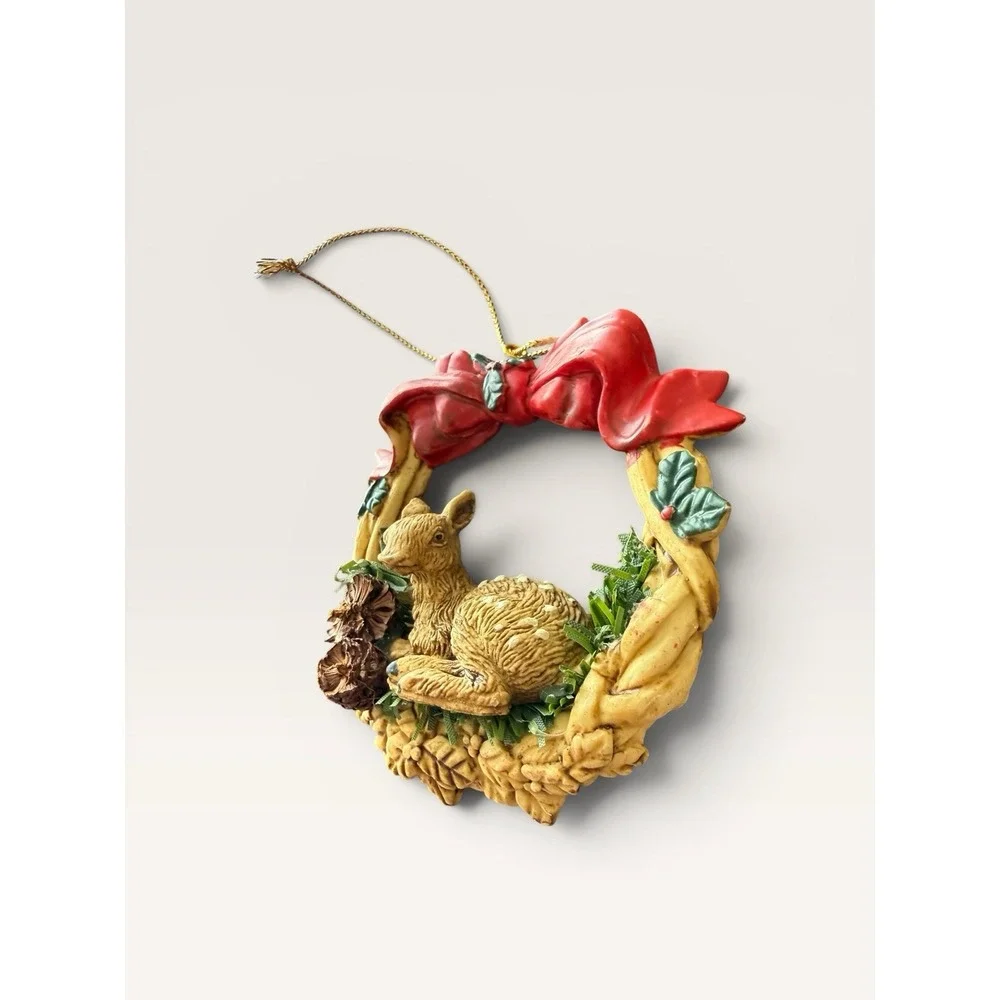 Silvestri Deer Fawn Wreath Ornament Christmas Tree Holiday Red Bow Resin Vintage
